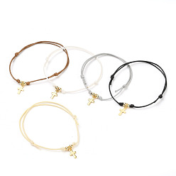 (52) Непрозрачная лаванда Регулируемые браслеты с подвесками из вощеного полиэстера и плетеного шнура, с латунными бусинами и 304 подвесками из нержавеющей стали, крестик, золотые, разноцветные, внутренний диаметр: 2~3-3/8 дюйм (5~8.5 см)