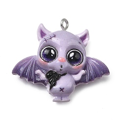 Bat Подвески из непрозрачной смолы на Хэллоуин, с железной платиной петлей, летучая мышь, 28x32x10 мм, отверстие : 2 мм