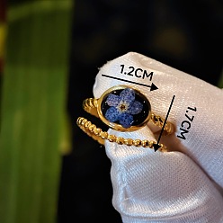 Васильковый 304 Кольца-манжеты из нержавеющей стали с эпоксидной смолой и высушенными цветами, золотые, овальные, васильковый, внутренний диаметр: регулируемый