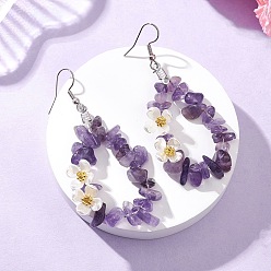 Аметист Серьги-подвески в виде цветка из натурального аметиста, с 304 нержавеющей стали серьги крючки, платина, 68~74x31~33.5 мм