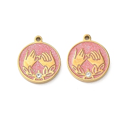 Real 18K Gold Plated 304 Stainless Steel Enamel Pendants, Flat Round with Promise Swear Charms, with Rhinestone, Glitter Powder, Real 18K Gold Plated, 15x13x2mm, Hole: 1.2mm