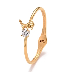 Golden Clear Cubic Zirconia Rabbit Cuff Bangle, 304 Stainless Steel Hinged Open Bangle for Women, Ion Plating(IP), Golden, Inner Diameter: 2-1/8 inch(5.5cm)