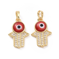 Red Brass Micro Pave Cubic Zirconia Pendants, with Handmade Evil Eye Lampwork, Hamsa Hand Charm, Real 18K Gold Plated, Red, 23x15x4mm, Hole: 4x6.5mm