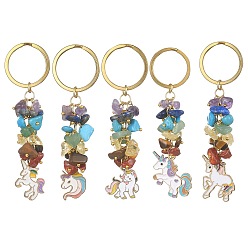 Смешанные камни Брелок с подвеской из эмали из сплава единорога, с чипом из драгоценных камней чакра и 304 разъемными брелоками из нержавеющей стали, 8~9 см