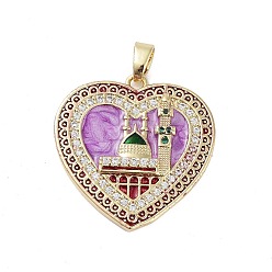 Фиолетовый Покрытие стойки латунь микропаве прозрачные подвески из кубического циркония, с эмалью, долговечный, без свинца и без кадмия, сердце с замковыми чарами, фиолетовые, 28x27.5x4 мм, отверстие : 3.5x5 мм