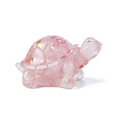 Розовый Кварц Украшение дисплея черепахи из смолы, с блестками и натуральной крошкой розового кварца внутри статуэток для украшения домашнего офиса, 50x30x27 мм