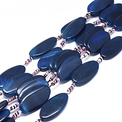 Marine Blue Natural Banded Agate/Striped Agate Beads Strands, Dyed & Heated, Oval, Marine Blue, 38~40x19~21x5~7mm, Hole: 1.6mm, about 8pcs/Strand, 15.55 inch(39.5cm)