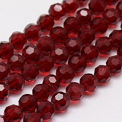 Dark Red Glass Beads Strands, Faceted(32 Facets), Round, Dark Red, 8mm, Hole: 1.5mm, about 66~67pcs/strand, 15.12 inch~15.35 inch(38.4~39cm)
