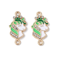 Light Green Alloy Enamel Connector Charms, Unicorn Links with Crystal Rhinestone, Light Gold, Cadmium Free & Nickel Free & Lead Free, Light Green, 23x11.5x2mm, Hole: 1.6mm
