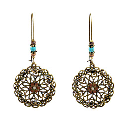 Antique Bronze Boho Tibetan Style Alloy Rhinestone Dangle Earrings, with Synthetic Turquoise Beads, Flat Round, Antique Bronze, 67x30mm