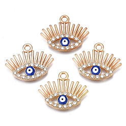 Medium Blue Alloy Enamel Pendants, with Crystal Rhinestone, Light Gold, Cadmium Free & Lead Free, Evil Eye Charms, Medium Blue, 17.5x21.5x2mm, Hole: 2mm