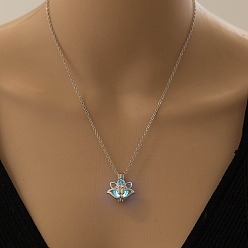 Dodger Blue Alloy Flower Pendant Necklaces, Cable Chain Necklaces, with Luminous Stone, Dodger Blue, 17.72 inch(45cm)
