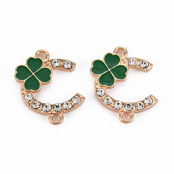 Dark Green Alloy Links Connectors, with Enamel and Crystal Rhinestone, Light Gold, C Shape with Clover, Dark Green, 20x16x2.5mm, Hole: 1.6mm