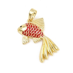Красный Латунные микро проложить кубического циркония подвески, с эмалью, рыбы прелести, долговечный, стойки покрытие, без свинца и без кадмия, реальный 18 k позолоченный, красные, 22x24x4 мм, отверстие : 3.6x5 мм