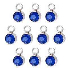 Сапфир 10 шт. подвески из стеклянных страз, очарование камня в сентябре, с цветным тоном нержавеющей стали 201 фурнитура из нержавеющей стали, плоско-круглые, сапфир, 10x6x5 мм, отверстие : 2 мм