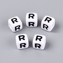 Letter R Opaque Acrylic Beads, Cube with Number, with Enamel, Black, Letter R, 7.5~8x7.5~8x8~8.5mm, Hole: 3.6~4mm, about 1200pcs/500g