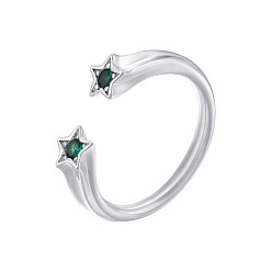 Зеленый Латунные микропаве кубические цирконии манжеты открытые кольца для женщин, звезда, платина, зелёные, 17 мм