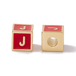 Letter J Стойки покрытие латунь эмаль бисер, без кадмия, без никеля и без свинца, реальный 18 k позолоченный, куб с письмом, красные, letter.j, 6x6x6 мм, отверстие : 2.5 мм