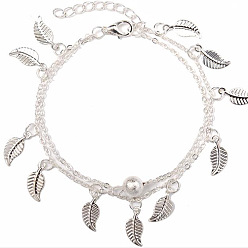 Серебро Двухслойные браслеты на ногу из сплава в этническом стиле с кисточками из листьев для женщин, серебряные, 7-1/4 дюйм (185 мм)