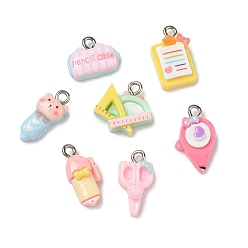 Mixed Color Stationery Supplies Theme Opaque Resin Pendants, Mixed Shapes Charm, with Platinum Iron Loop, Mixed Color, 11.5~18.5x7.5~15.5x5~6mm, Hole: 2mm, about 10pcs/set