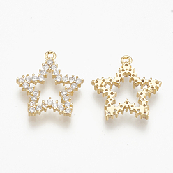 Real 18K Gold Plated Brass Micro Pave Cubic Zirconia Charms, Star, Nickel Free, Real 18K Gold Plated, 14x14x2mm, Hole: 1mm