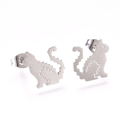 Stainless Steel Color Tarnish Resistant 304 Stainless Steel Stud Earrings, with Earring Backs, Cat Shape, Stainless Steel Color, 12x12mm, Pin: 0.8mm
