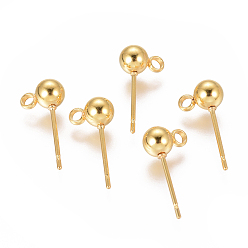 Real 18K Gold Plated 304 Stainless Steel Ear Stud Components, with Loop, Ball, Real 18k Gold Plated, 16x5mm, Hole: 1.6mm, Pin: 0.8mm