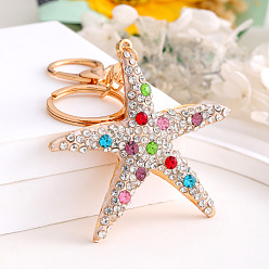 White Alloy with Rhinestone Keychain for Women, Starfish, White, 7.3x7.2cm