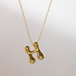 Letter H Brass Chunky Initial Pendant Necklaces, with Stainless Steel Lobster Claw Clasps, Real 14K Gold Plated, Letter H, 17.72~18.90 inch(45~48cm)