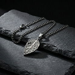 Antique Silver Vintage 304 Stainless Steel Embossed Leaf Pendant Necklaces for Men, Antique Silver, 23.62 inch(60cm)