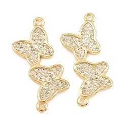 Real 18K Gold Plated Brass Micro Pave Clear Cubic Zirconia Connector Charms, Double Butterfly Links, Rack Plating, Long-Lasting Plated, Cadmium Free & Lead Free, Real 18K Gold Plated, 26.5x11x2.5mm, Hole: 1.4mm