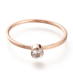 Кристалл 304 палец кольца из нержавеющей стали, со стразами, плоско-круглые, розовое золото , кристалл, размер США 7~7 3/4 (17.3~17.9 мм)