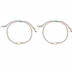 Coral Summer Natural Freshwater Pearl Round Beads Braided Cotton Cord Bracelet Sets for Women, Boho Adjustable Stackable Bracelets, Golden, Coral, 11.02 inch(28cm), 2pcs/set