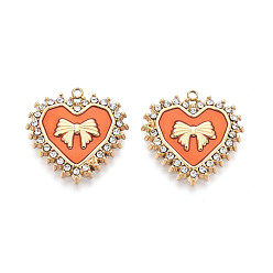 Коралловый 304 подвески из нержавеющей стали с хрустальными стразами и эмалью, сердце с бантом, ионное покрытие (ip), реальный 18 k позолоченный, коралл, 21.5x21x2 мм, отверстие : 1.5~1.6 мм