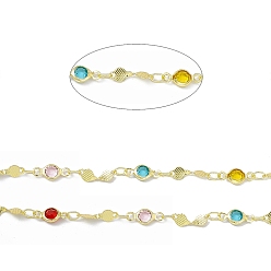 Real 18K Gold Plated Handmade Brass Flat Round & Twist Link Chains, with Colorful Glass Beaded, Soldered, with Spool, Real 18K Gold Plated, 11x3.5x0.3mm and 10x4.5x1.8mm