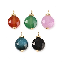 Смешанные камни Плоские круглые подвески из натуральных смешанных драгоценных камней с шестиугольной огранкой, с латунной, реальный 18 k позолоченный, без кадмия и без свинца, стойки покрытие, долговечный, смешанные окрашенные и неокрашенные, 16x10x6 мм, отверстие : 2.5 мм