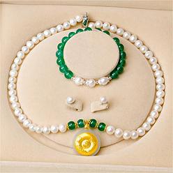 Золотой Комплекты ожерелий, браслетов и серег из натурального пресноводного жемчуга с хризопразом для женщин, золотые, 450 мм