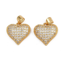 Настоящее золото 16K Латунные микропаве прозрачные подвески с фианитом, сердце, реальный 16 k позолоченный, 16x16.5x5 мм, отверстие : 3x4 мм