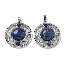 Ляпис-Лазурь Кулоны из натурального лазурита, покрытие стойки латунные полые плоские круглые подвески, без кадмия и без свинца, платина, 36.5x33x9.5 мм, отверстие : 7.5x5 мм