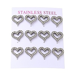 Нержавеющая Сталь Цвет 304 серьги из нержавеющей стали, со стразами, сердце, цвет нержавеющей стали, 13x14 мм, 12 шт / комплект
