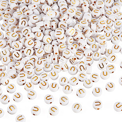 Letter U 500 Uds plateando cuentas de acrílico, metal dorado enlaced, agujero horizontal, plano y redondo con alfabeto, blanco, letra u, 7x3.5 mm, agujero: 1.2 mm