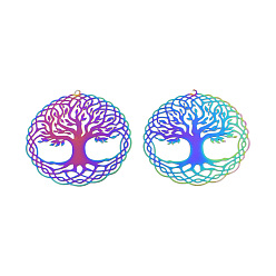 Rainbow Color 201 подвески из нержавеющей стали, гравированные металлические украшения, плоские круглые с дерева жизни, Радуга цветов, 41x40.5x0.3 мм, отверстие : 1.4 мм