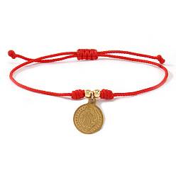 Плоский Круглый 304 из нержавеющей стали шарм браслеты, плетеные нейлоновые браслеты для женщин, с латунной бисера, золотые, плоские круглые с святым Бенедиктом, 11.02 дюйм (28 см)