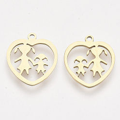 Golden 201 Edelstahl Anhänger, Laser geschnittene Anhänger, Herz mit Mädchen, golden, 17.5x15.5x1 mm, Bohrung: 1.4 mm