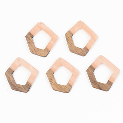Light Salmon Opaque Resin & Walnut Wood Pendants, Polygon, Light Salmon, 35x31x3mm, Hole: 2mm