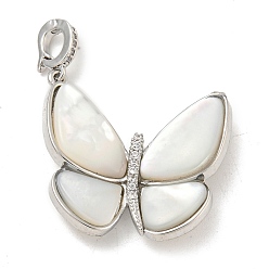 Real Platinum Plated Brass Micro Pave Clear Cubic Zirconia Pendants, Cadmium Free & Nickel Free & Lead Free, with white Shell, Butterfly Charms, Real Platinum Plated, 27.5x26x5.5mm, Hole: 4x3mm