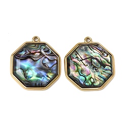 Hexagon 304 Stainless Steel & Natural Paua Shell Pendants, Real 18K Gold Plated, Ion Plating(IP), Long-Lasting Plated, Hexagon Charm, 28x25.5x4.5mm, Hole: 2mm