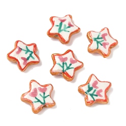 Бледно-фиолетовый Красный Фарфоровые бусины ручной работы, бусины ручной работы, звезды с цветком, с эмалью, бледно-фиолетовый красный, 16~17x16~17x5~6 мм, отверстие : 1.6~1.8 мм