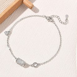Platinum Brass Micro Pave Clear Cubic Zirconia Column Charm Bracelets, Long-Lasting Plated, Rack Plating, Lead Free & Cadmium Free, Platinum, 6.69 inch(17cm)