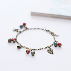 Античная Бронза Браслеты на ногу с кисточками из старинного сплава в форме листа-колокольчика и фарфоровых бусин-рондель для женщин, античная бронза, 7-7/8 дюйм (200 мм)